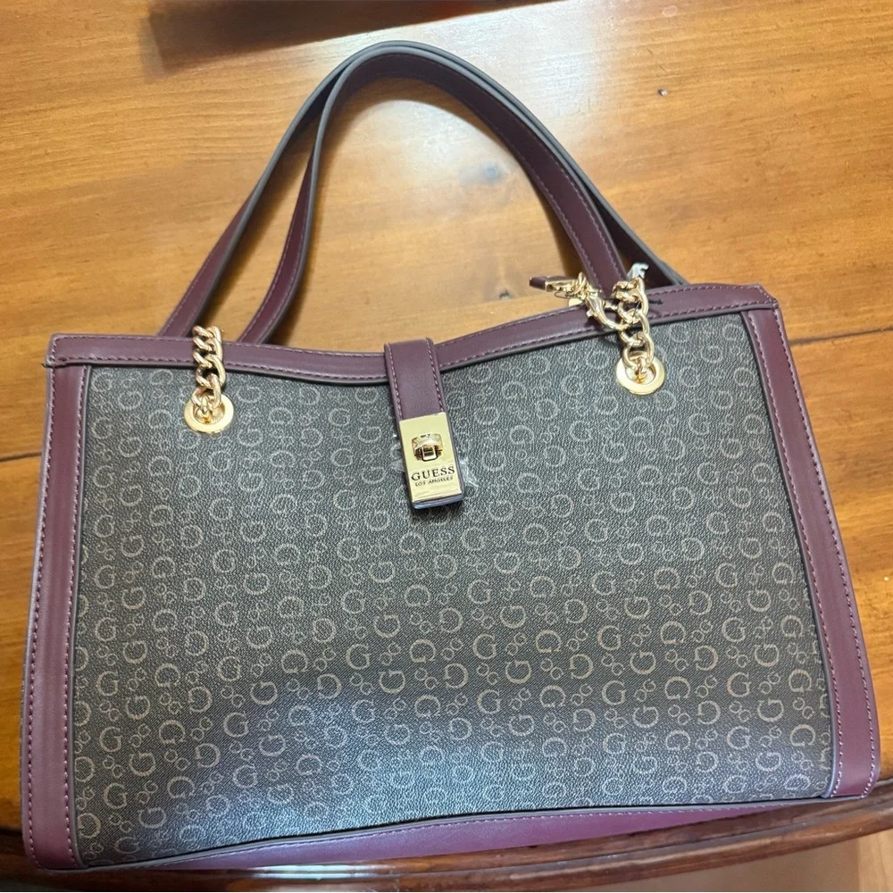 Guess Burgundy and Brown with muted Gold letters Shoulder Bag - Picture 7 of 10